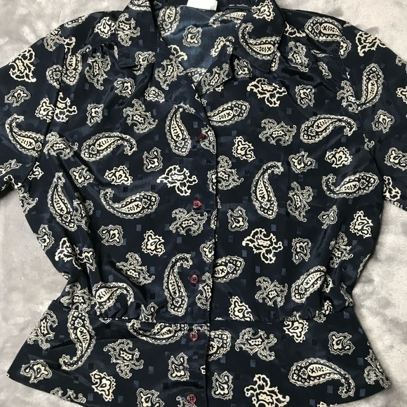 Russ Petites Vintage Navy Blue Paisley Button Up Short Sleeve Peplum Blouse - Picture 2 of 10